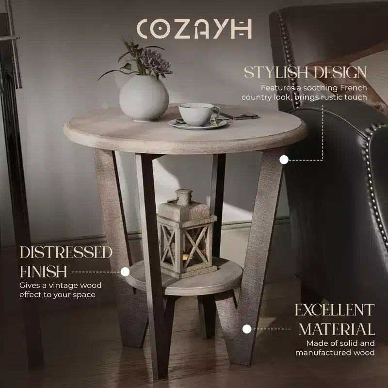 Table d'appoint rustique en bois de ferme avec étagère de rangement, Gris vintage,