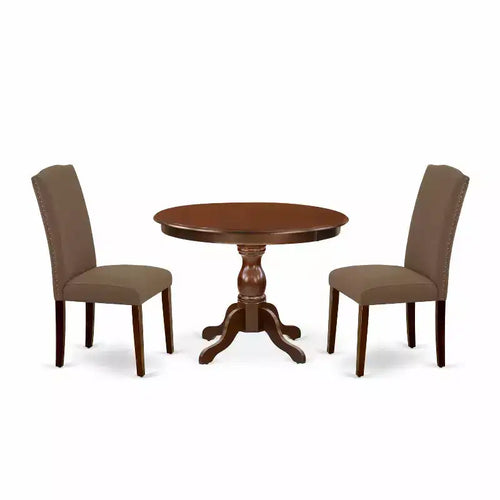 3-Piece Mahogany Finish Solid Wood Top - Button Tufted Upholstered Dining Room Set - Seats 4
