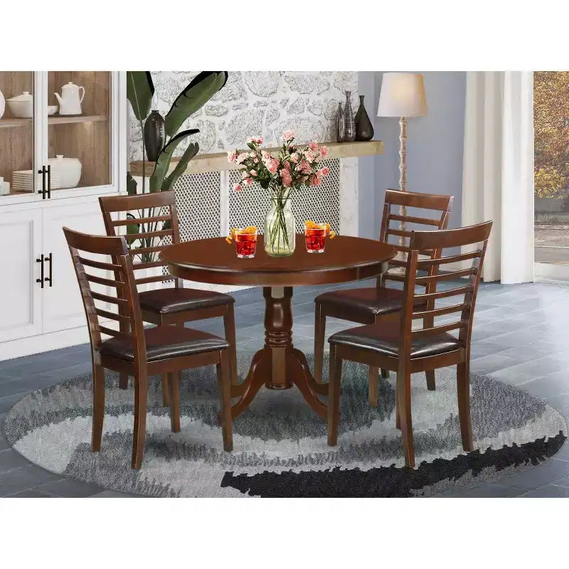 Table à manger ronde 5 pièces, plateau en bois massif finition acajou avec 4 chaises
