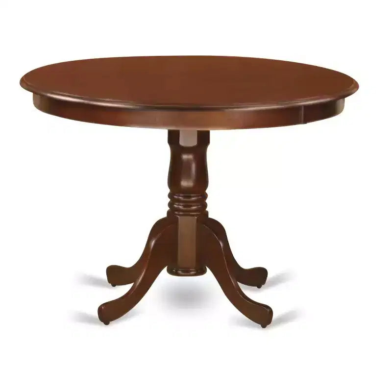 Table à manger ronde 5 pièces, plateau en bois massif finition acajou avec 4 chaises