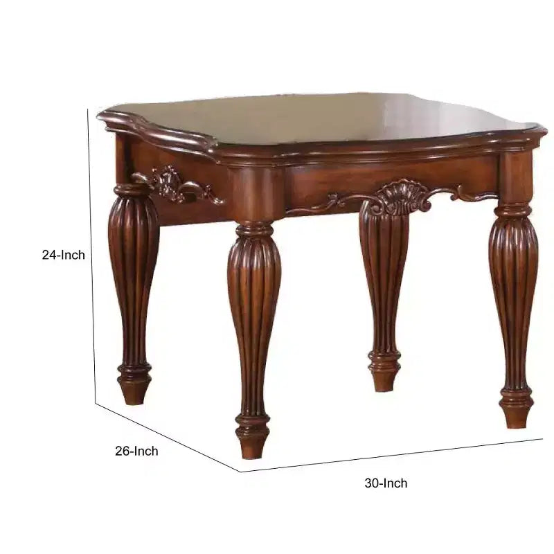 Table d'appoint carrée avec pieds courbés et étagère inférieure, brun cerise