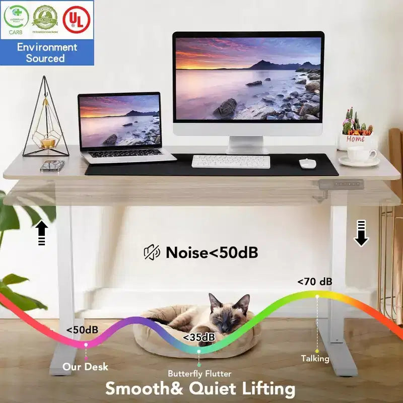 Bureau d'ordinateur électrique debout à hauteur réglable 63 24 avec prise, roulettes, cadre à double faisceau, tapis de souris, bureau épissé multifonctionnel
