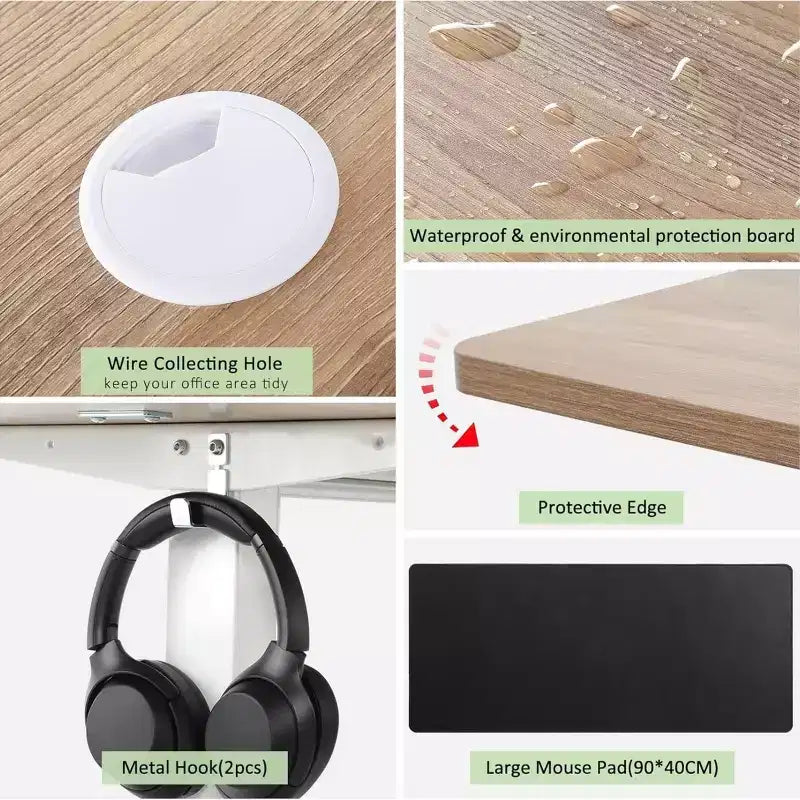 Bureau d'ordinateur électrique debout à hauteur réglable 63 24 avec prise, roulettes, cadre à double faisceau, tapis de souris, bureau épissé multifonctionnel