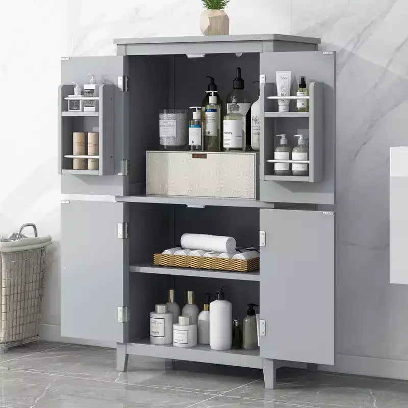 Meuble bas de salle de bain Nelly peu encombrant avec étagères réglables et portes