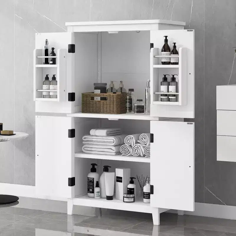 Meuble bas de salle de bain Nelly peu encombrant avec étagères réglables et portes