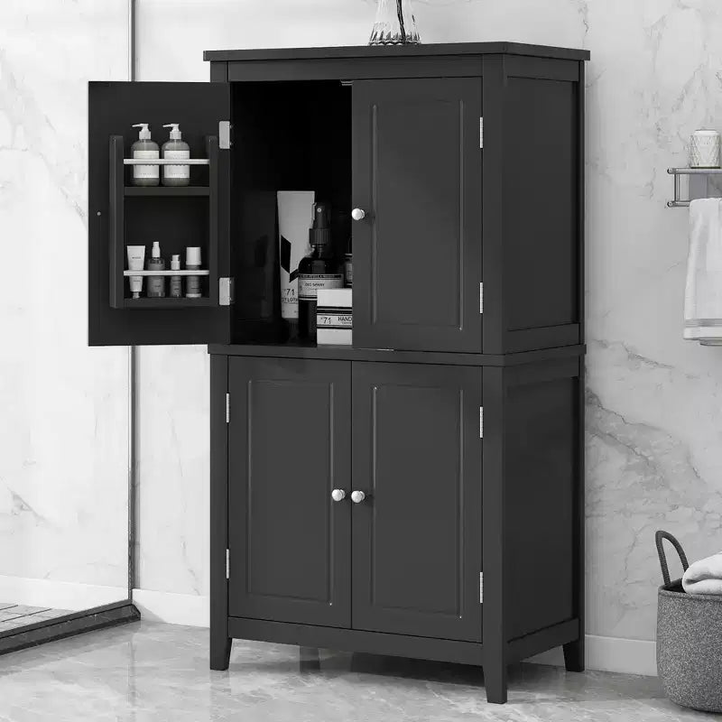 Meuble bas de salle de bain Nelly peu encombrant avec étagères réglables et portes