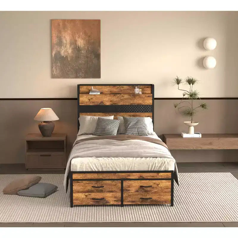 Lit plateforme simple avec tête de lit de rangement, 4 tiroirs sous le lit, lumière LED et station de charge pour une solution de chambre intelligente