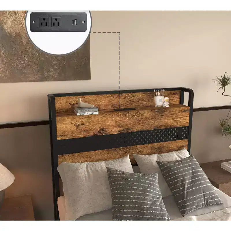 Lit plateforme simple avec tête de lit de rangement, 4 tiroirs sous le lit, lumière LED et station de charge pour une solution de chambre intelligente