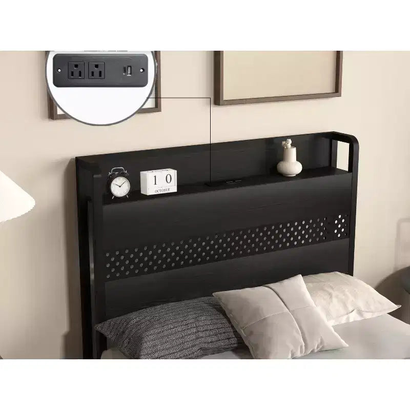 Lit plateforme simple avec tête de lit de rangement, 4 tiroirs sous le lit, lumière LED et station de charge pour une solution de chambre intelligente