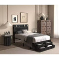 Twin Size Platform Bed Frame with Storage Headboard, 4 Under-Bed Drawers, LED Light and Charging Station for Smart Bedroom Solution
