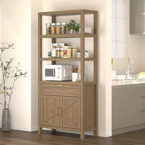 5 Tier 71 in Tall Farmhouse Wooden Bookcase with Adjustable Shelves, Cabinet, Drawer and Sliding Doors, for Bedroom, Living Room, Home Office