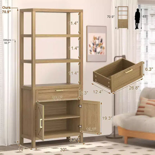 Bibliothèque rustique en bois à 5 niveaux, 180 cm de haut, avec étagères réglables, placard, tiroir et portes coulissantes, pour chambre, salon, bureau à domicile