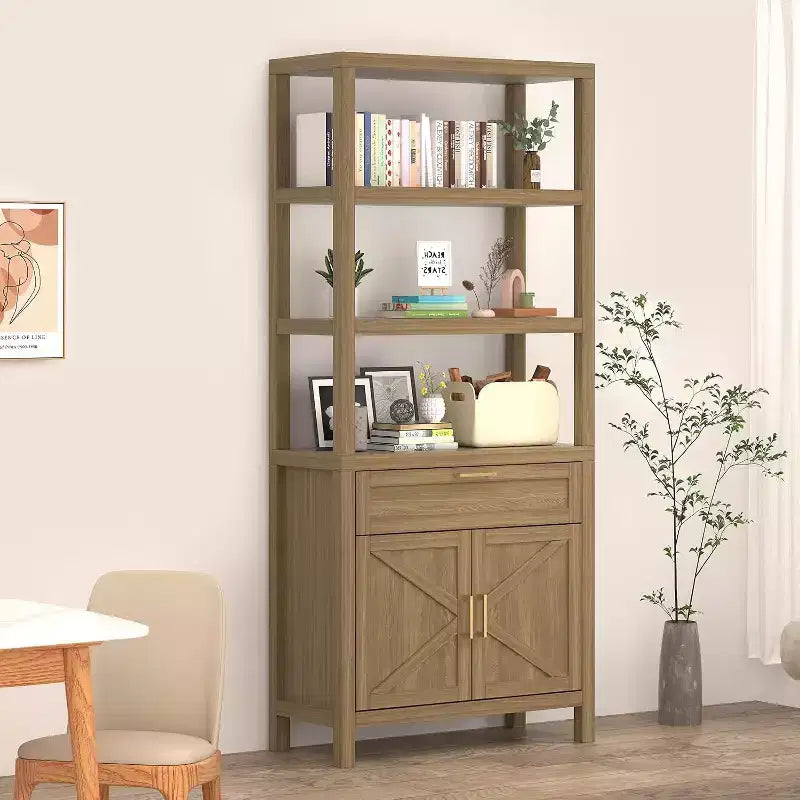 Bibliothèque rustique en bois à 5 niveaux, 180 cm de haut, avec étagères réglables, placard, tiroir et portes coulissantes, pour chambre, salon, bureau à domicile