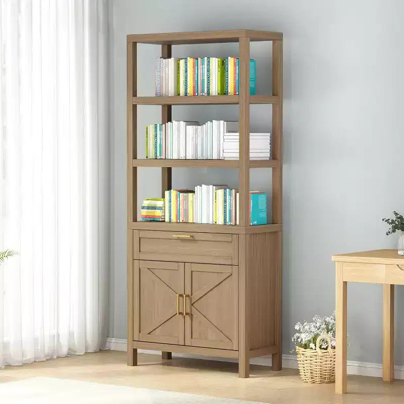 Bibliothèque rustique en bois à 5 niveaux, 180 cm de haut, avec étagères réglables, placard, tiroir et portes coulissantes, pour chambre, salon, bureau à domicile