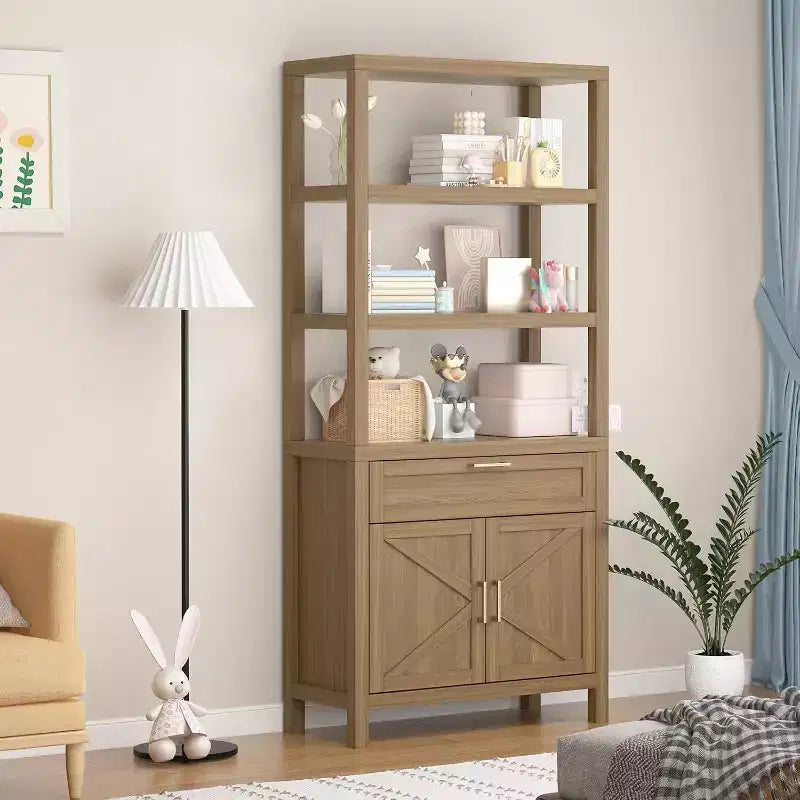 Bibliothèque rustique en bois à 5 niveaux, 180 cm de haut, avec étagères réglables, placard, tiroir et portes coulissantes, pour chambre, salon, bureau à domicile