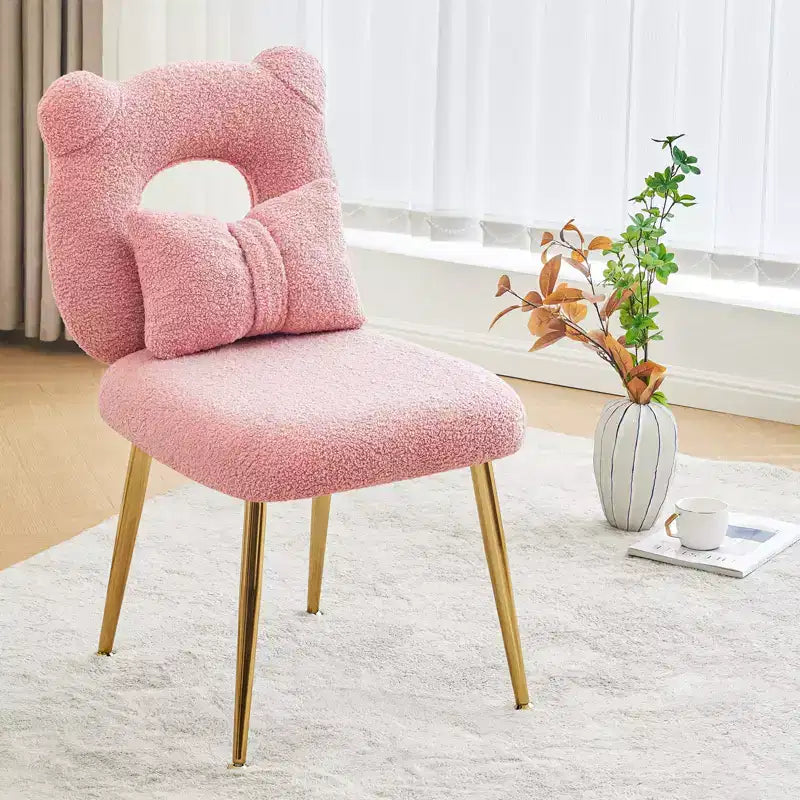 Chaise de coiffeuse, revêtement en fausse fourrure de mouton, coussin de dossier et pieds en métal doré, pour salon/dressing/bureau à domicile
