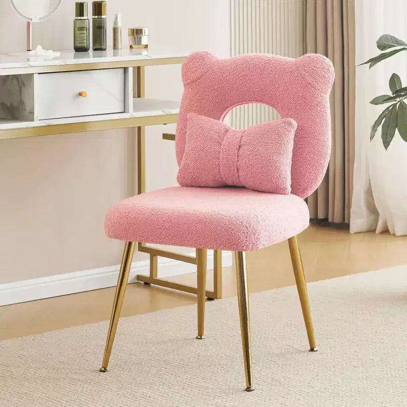 Chaise de coiffeuse, revêtement en fausse fourrure de mouton, coussin de dossier et pieds en métal doré, pour salon/dressing/bureau à domicile