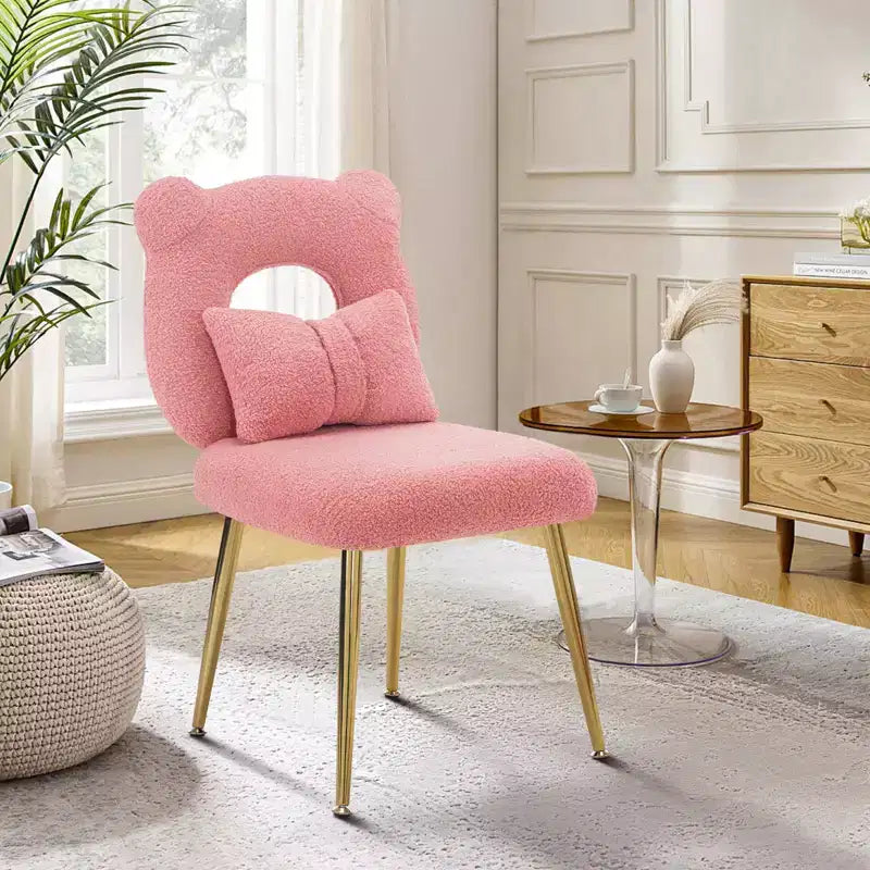 Chaise de coiffeuse, revêtement en fausse fourrure de mouton, coussin de dossier et pieds en métal doré, pour salon/dressing/bureau à domicile