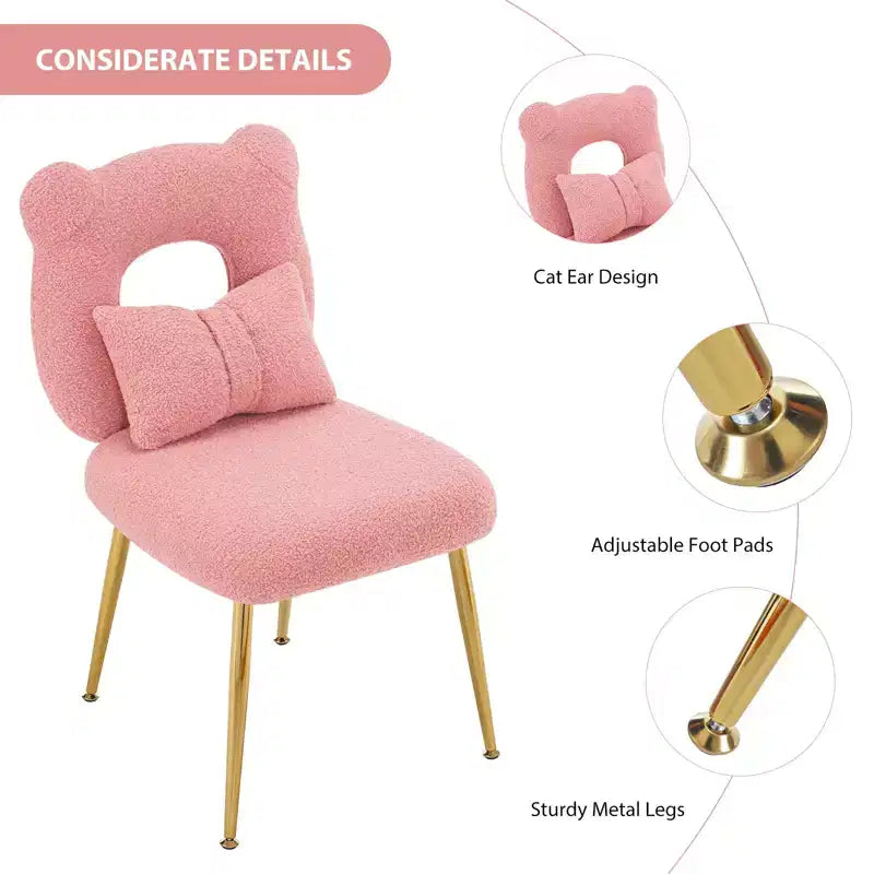 Chaise de coiffeuse, revêtement en fausse fourrure de mouton, coussin de dossier et pieds en métal doré, pour salon/dressing/bureau à domicile