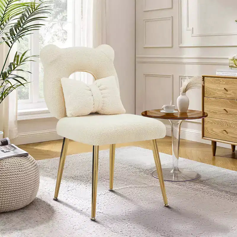 Chaise de coiffeuse, revêtement en fausse fourrure de mouton, coussin de dossier et pieds en métal doré, pour salon/dressing/bureau à domicile