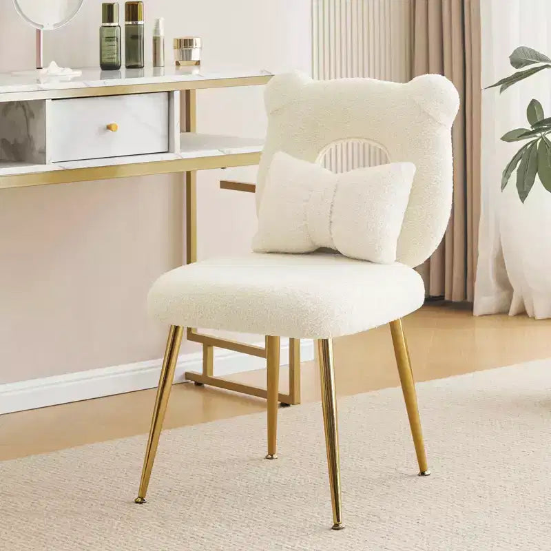 Chaise de coiffeuse, revêtement en fausse fourrure de mouton, coussin de dossier et pieds en métal doré, pour salon/dressing/bureau à domicile