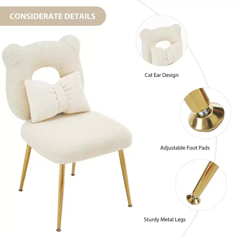 Chaise de coiffeuse, revêtement en fausse fourrure de mouton, coussin de dossier et pieds en métal doré, pour salon/dressing/bureau à domicile