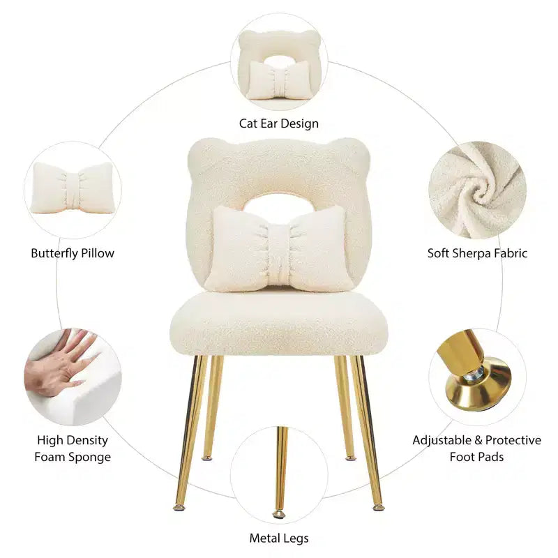Chaise de coiffeuse, revêtement en fausse fourrure de mouton, coussin de dossier et pieds en métal doré, pour salon/dressing/bureau à domicile