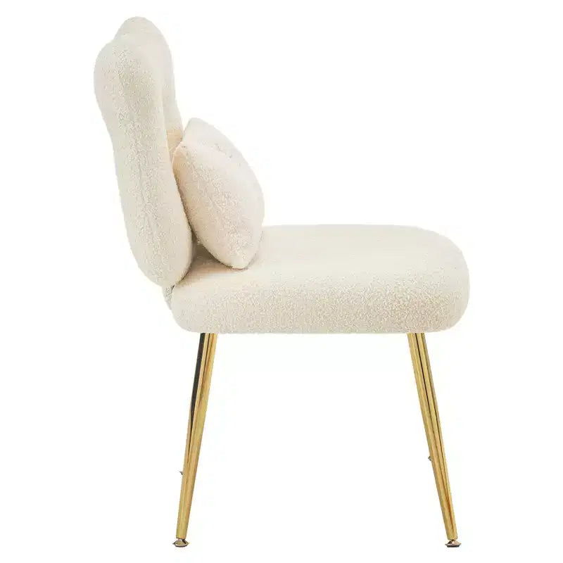 Chaise de coiffeuse, revêtement en fausse fourrure de mouton, coussin de dossier et pieds en métal doré, pour salon/dressing/bureau à domicile