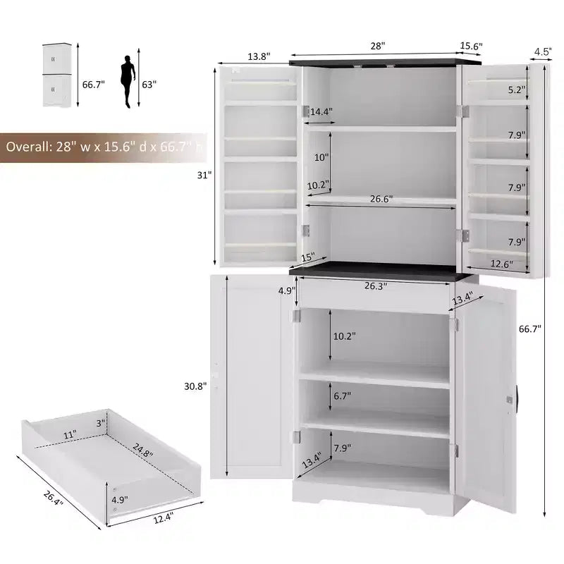Élément de rangement de cuisine 66,7 po, avec étagères de porte, tiroir dissimulé et étagère réglable. Meuble de rangement autonome pour cuisine, salle à manger