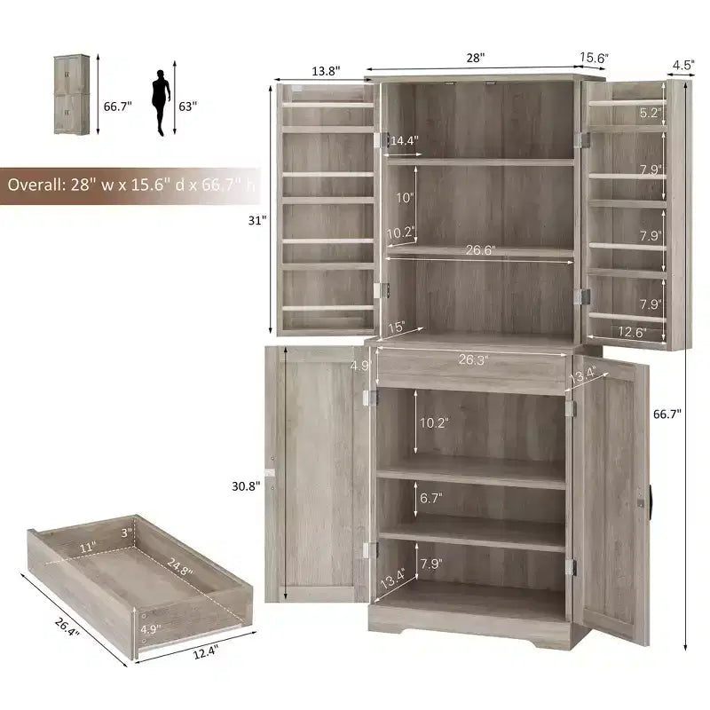 Élément de rangement de cuisine 66,7 po, avec étagères de porte, tiroir dissimulé et étagère réglable. Meuble de rangement autonome pour cuisine, salle à manger