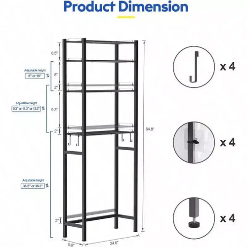 Étagère de rangement 4 niveaux au-dessus des toilettes, organisateur de salle de bain, meuble à étagères noir, hauteur réglable, autoportant, peu encombrant