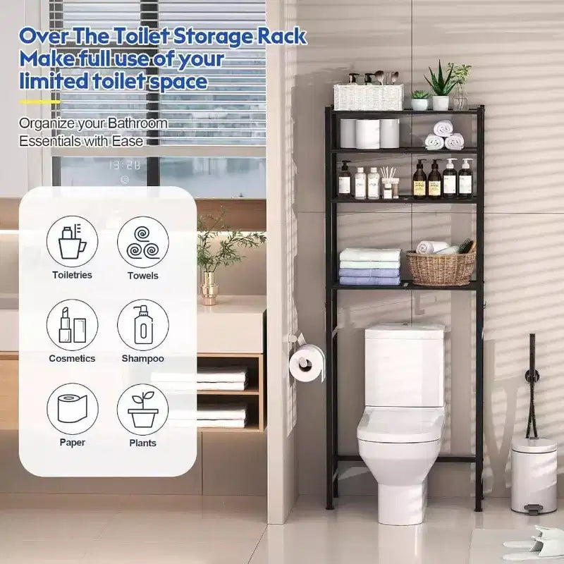 Étagère de rangement 4 niveaux au-dessus des toilettes, organisateur de salle de bain, meuble à étagères noir, hauteur réglable, autoportant, peu encombrant