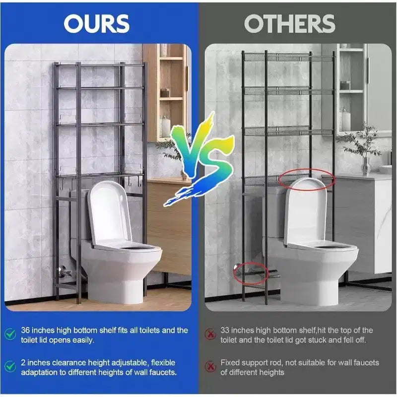 Étagère de rangement 4 niveaux au-dessus des toilettes, organisateur de salle de bain, meuble à étagères noir, hauteur réglable, autoportant, peu encombrant