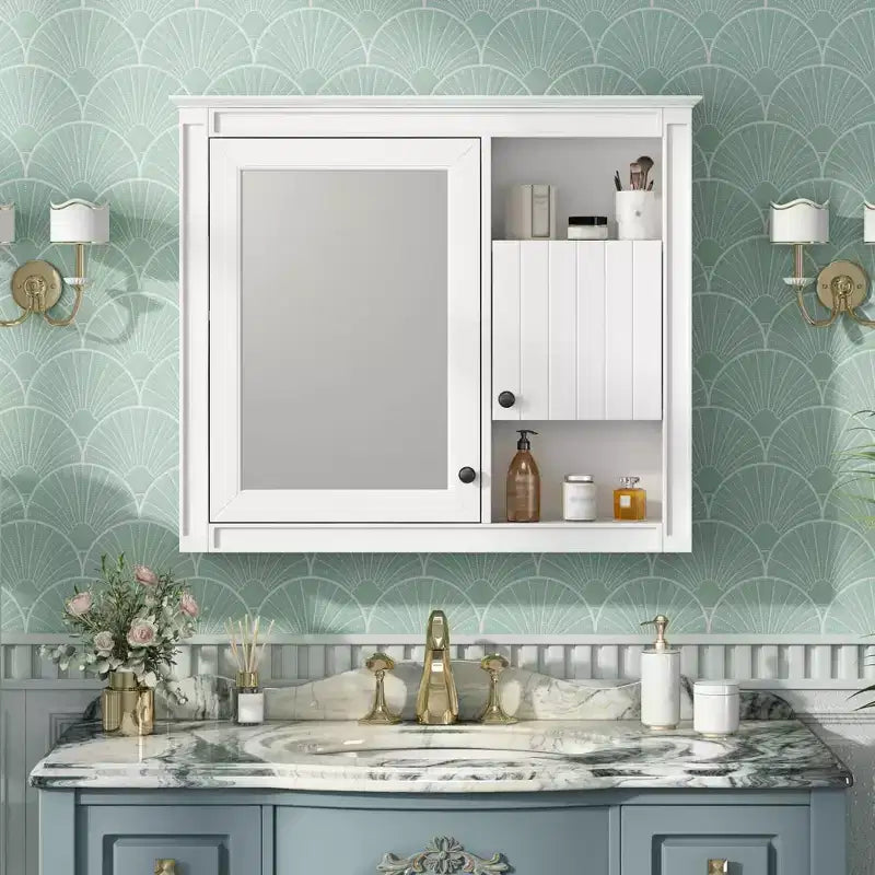 Meuble haut de salle de bain 32" avec miroirArmoire à pharmacie murale avec 3 étagères pour salle de bain, blanc