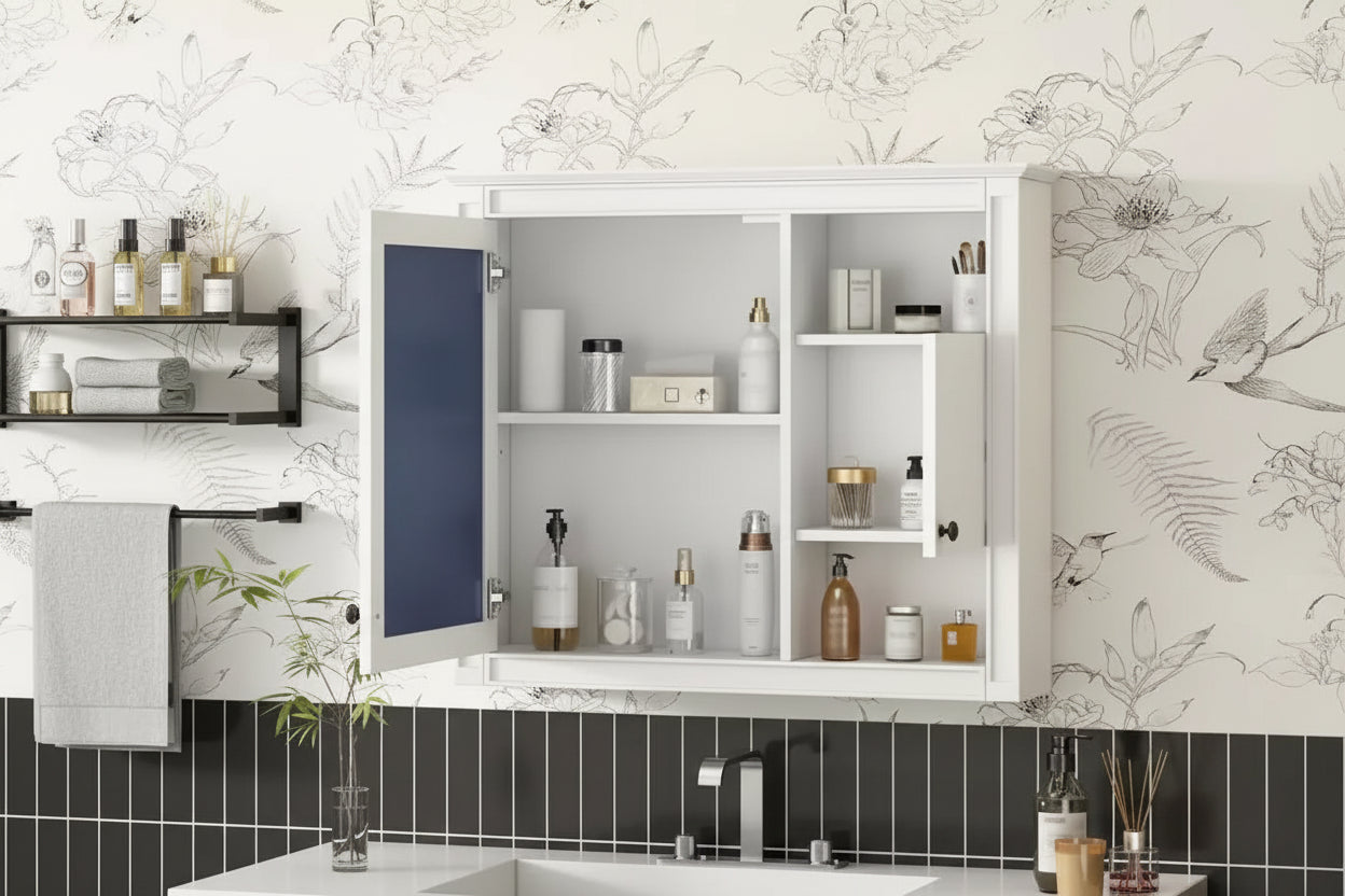 Meuble haut de salle de bain 32" avec miroirArmoire à pharmacie murale avec 3 étagères pour salle de bain, blanc