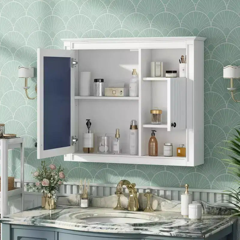 Meuble haut de salle de bain 32" avec miroirArmoire à pharmacie murale avec 3 étagères pour salle de bain, blanc