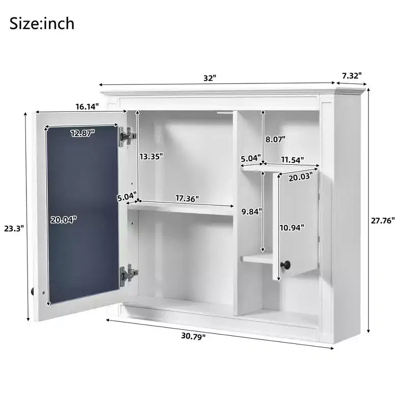 Meuble haut de salle de bain 32" avec miroirArmoire à pharmacie murale avec 3 étagères pour salle de bain, blanc