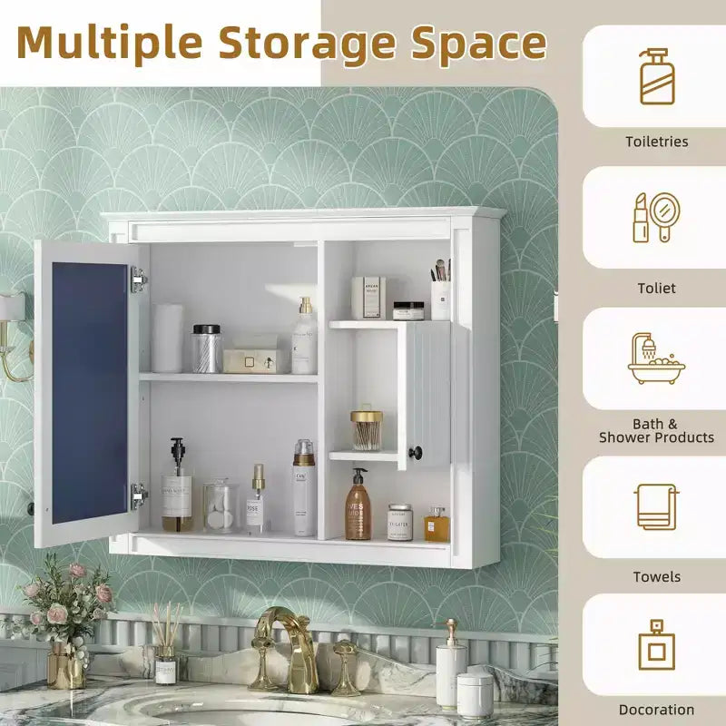 Meuble haut de salle de bain 32" avec miroirArmoire à pharmacie murale avec 3 étagères pour salle de bain, blanc