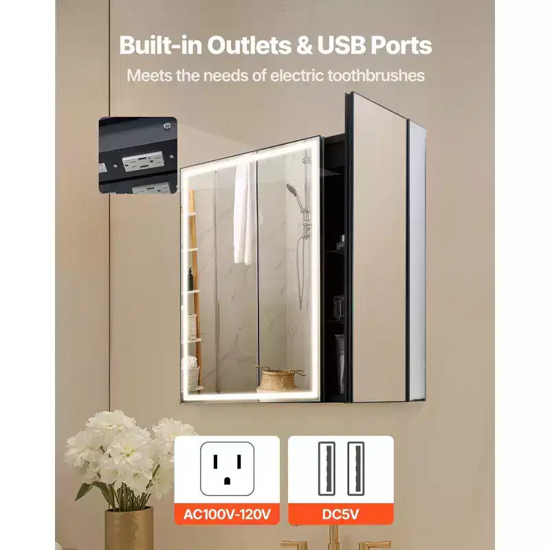 Armoire à pharmacie lumineuse avec miroir, 30 x 28 pouces, encastrée ou murale, armoire de salle de bain à LED dimmable 3 couleurs, blanc