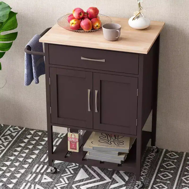 Îlot de cuisine roulant avec tiroir, armoire de rangement à 2 portes et plateau inférieur