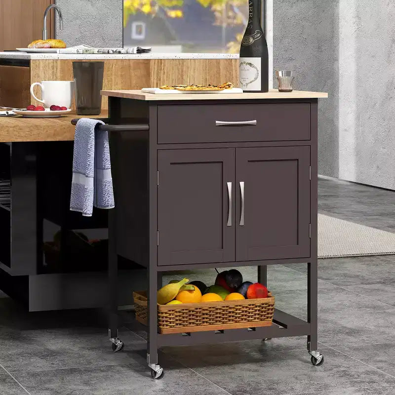 Îlot de cuisine roulant avec tiroir, armoire de rangement à 2 portes et plateau inférieur