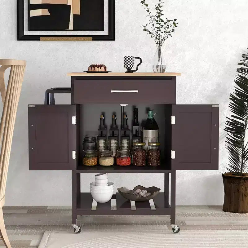 Îlot de cuisine roulant avec tiroir, armoire de rangement à 2 portes et plateau inférieur