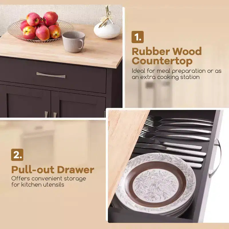 Îlot de cuisine roulant avec tiroir, armoire de rangement à 2 portes et plateau inférieur