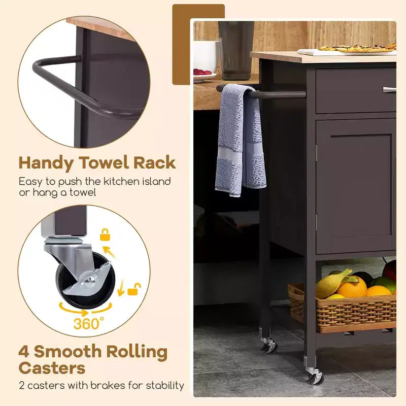 Îlot de cuisine roulant avec tiroir, armoire de rangement à 2 portes et plateau inférieur