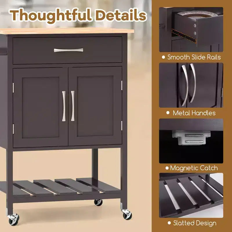Îlot de cuisine roulant avec tiroir, armoire de rangement à 2 portes et plateau inférieur