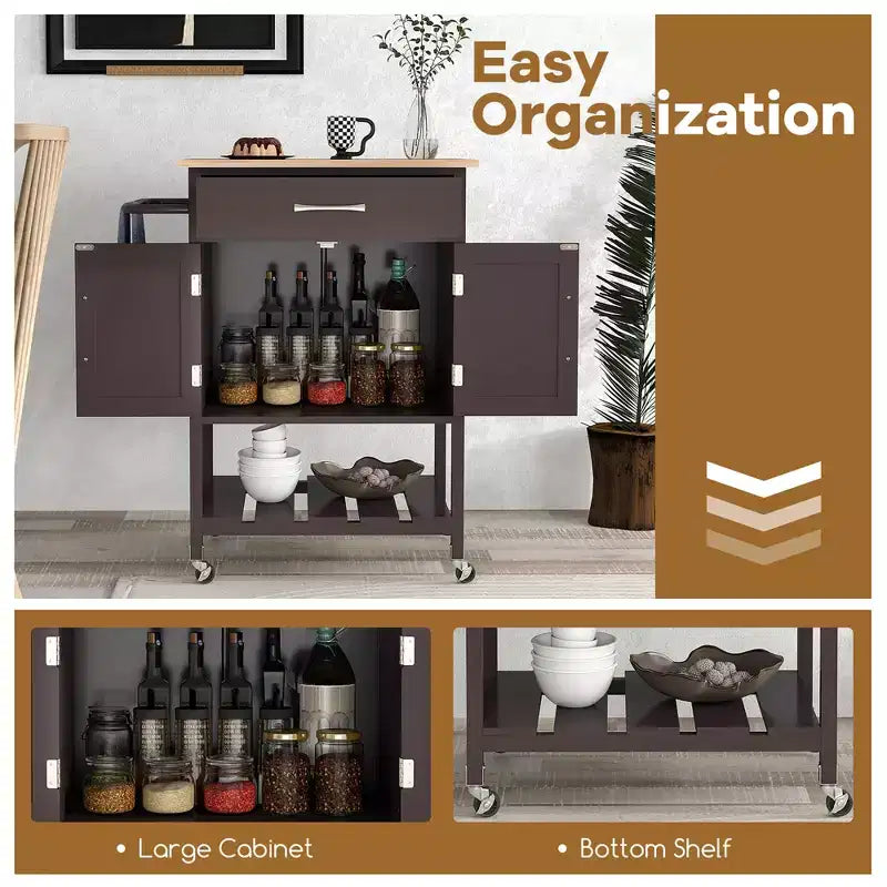 Îlot de cuisine roulant avec tiroir, armoire de rangement à 2 portes et plateau inférieur