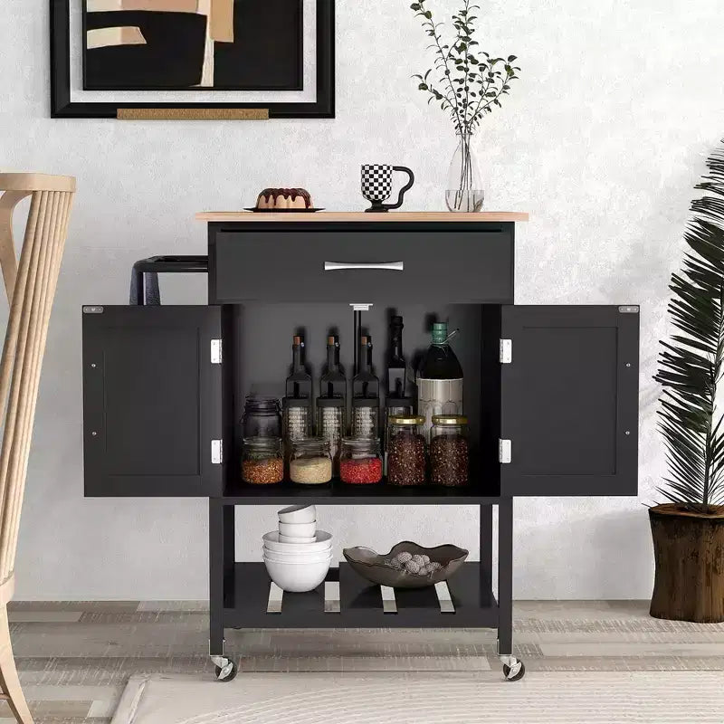 Îlot de cuisine roulant avec tiroir, armoire de rangement à 2 portes et plateau inférieur