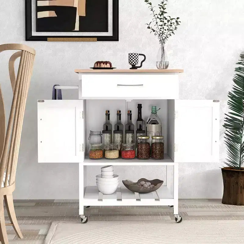 Îlot de cuisine roulant avec tiroir, armoire de rangement à 2 portes et plateau inférieur