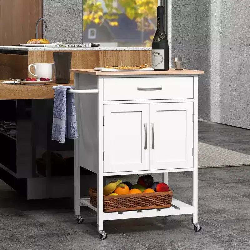 Îlot de cuisine roulant avec tiroir, armoire de rangement à 2 portes et plateau inférieur