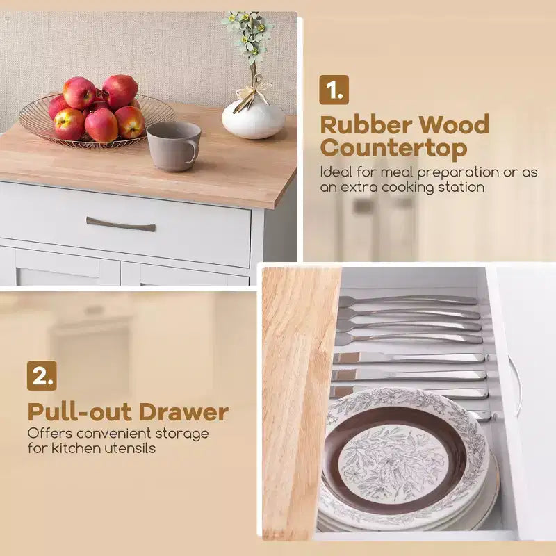 Îlot de cuisine roulant avec tiroir, armoire de rangement à 2 portes et plateau inférieur